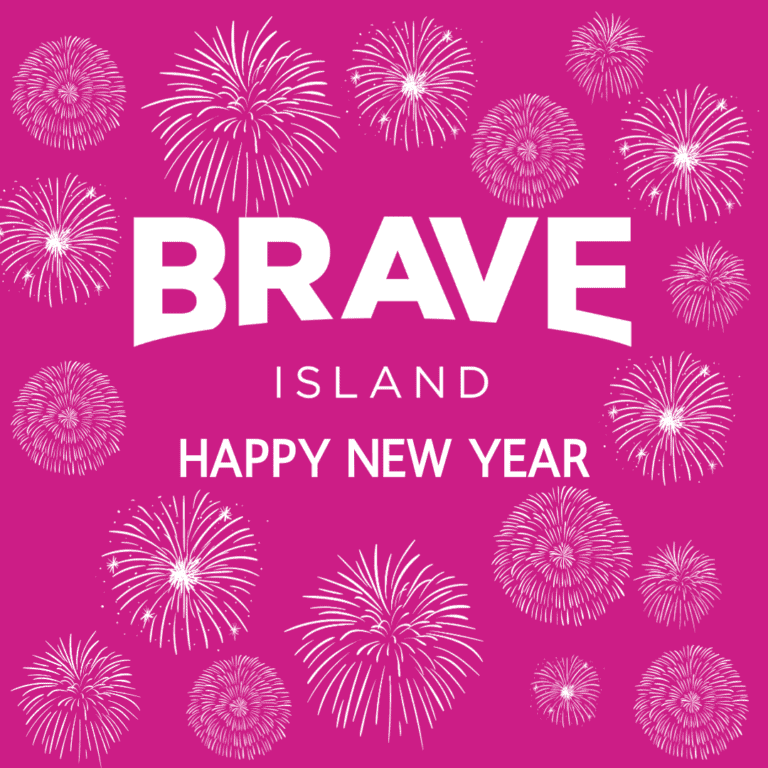 Decorative image with a purple background populated with white firework icons, white Brave Island logo and text reading "Happy New Year!"