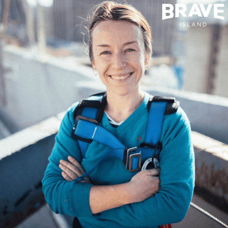 Image of artist Alice Malia smiling with Brave Island logo in top right corner