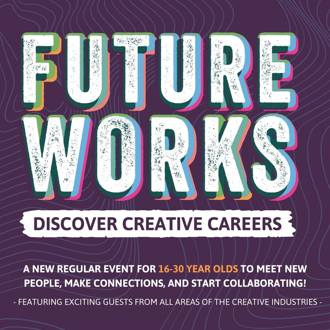 future works poster with a purple wavy patterned background, featuring the logo and description