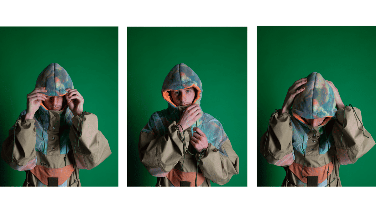 Three images of a person wearing a multi-coloured jacket. Designed by Tom Rowe